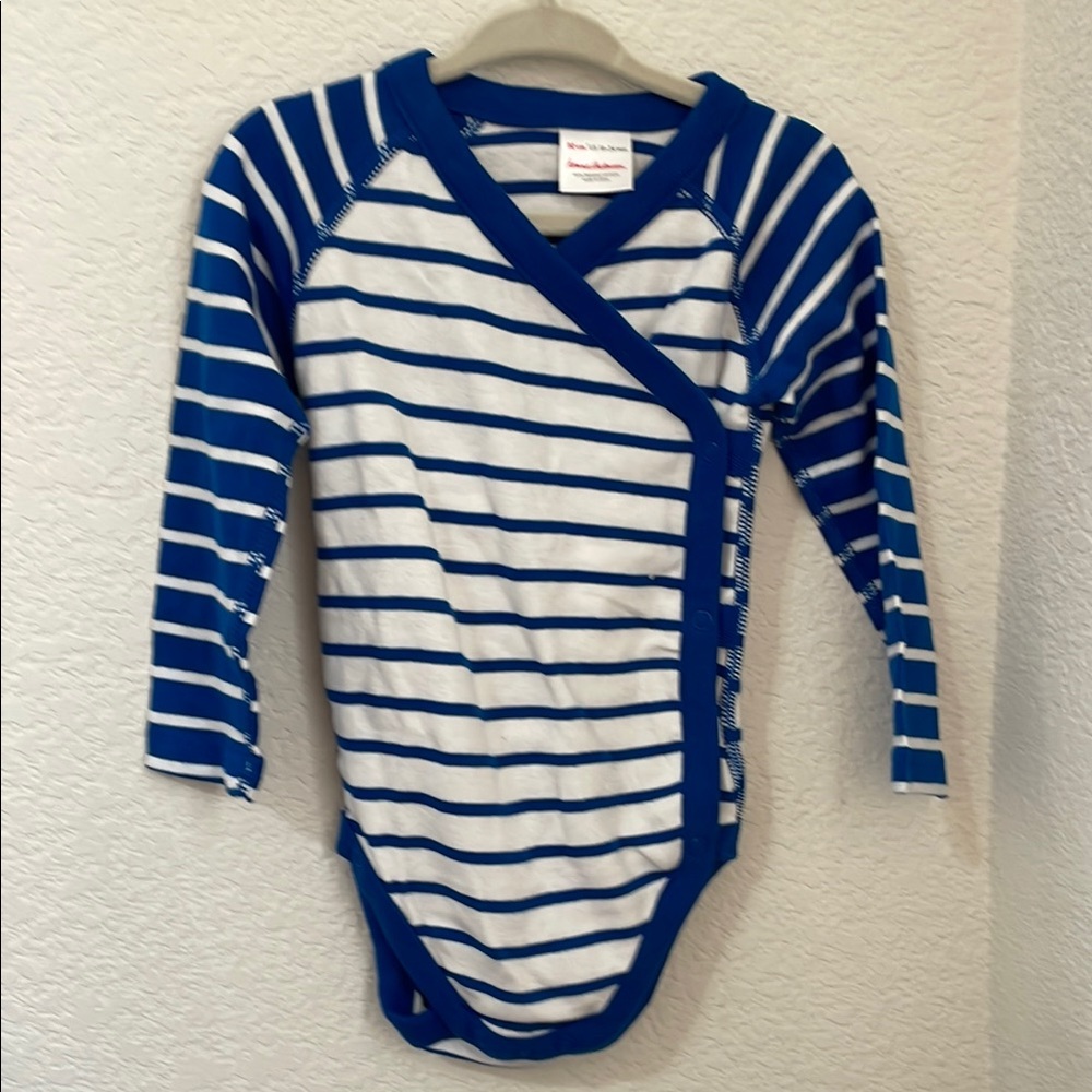 Hanna Andersson Blue & White Striped Bodysuit with Wrap Front, 18-24M, NWOT